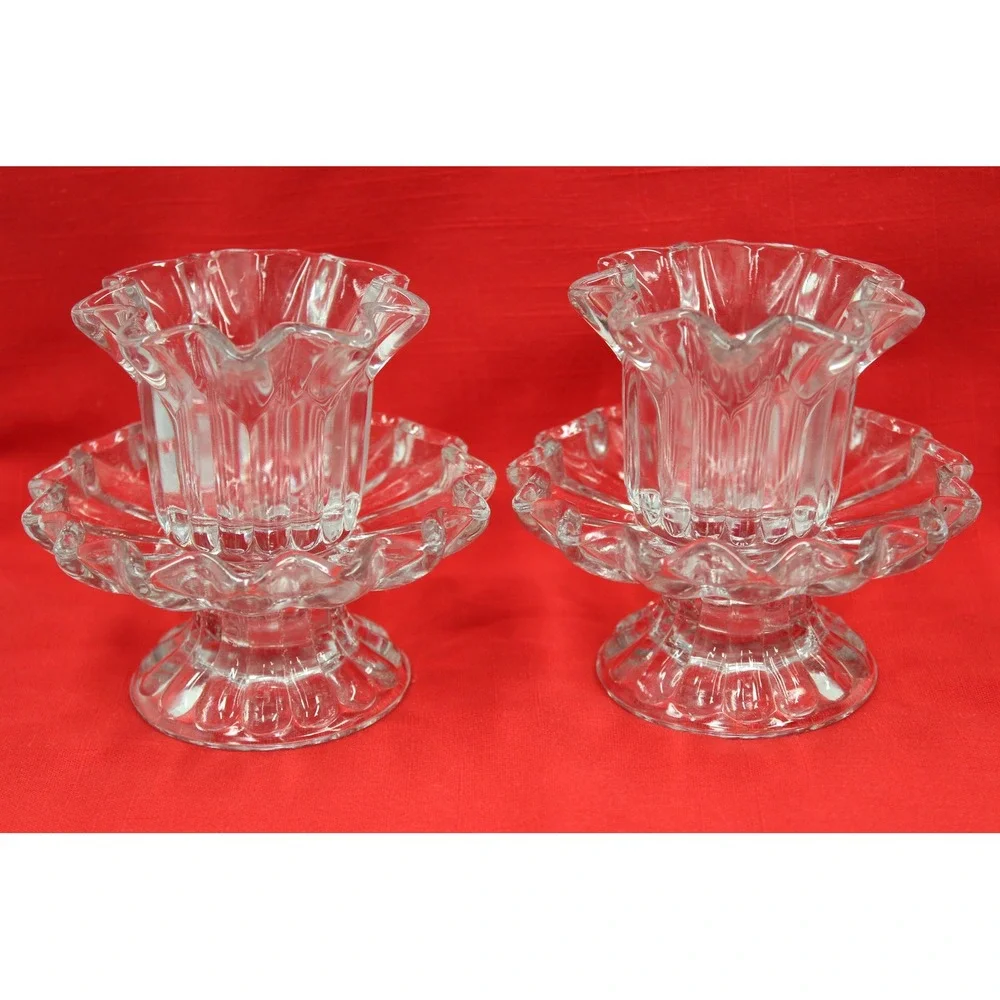PartyLite Candle Holder Clear Chantilly Pair P0315 Votive Taper Glass Set of 2
